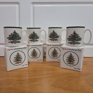 Spode Christmas Tree Mugs - Set of 4, Green and White S3324 New
